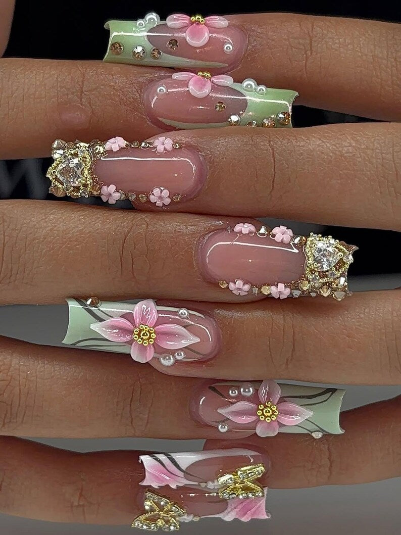 Pastel Garden Bloom Press On Nails | 3D Pink Flowers & Gold Butterfly Accents | Mint Green French Tips with Gems