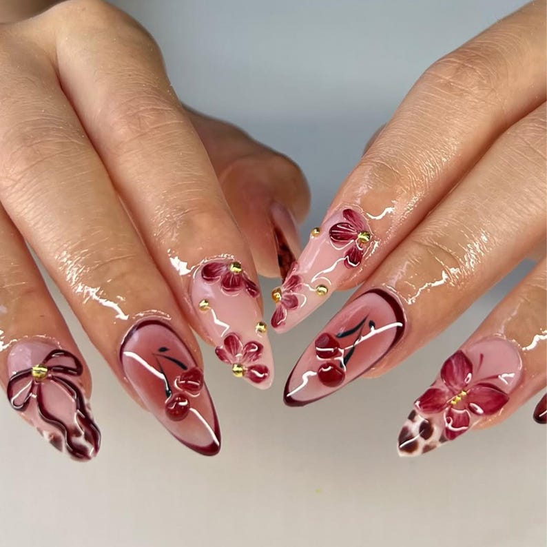 Cherry Cute 3D Press On Nails | Colorful and Playful Fake Nails | Custom 3D Animal and Bow Nail Art | Handcrafted Kawaii Nail Art