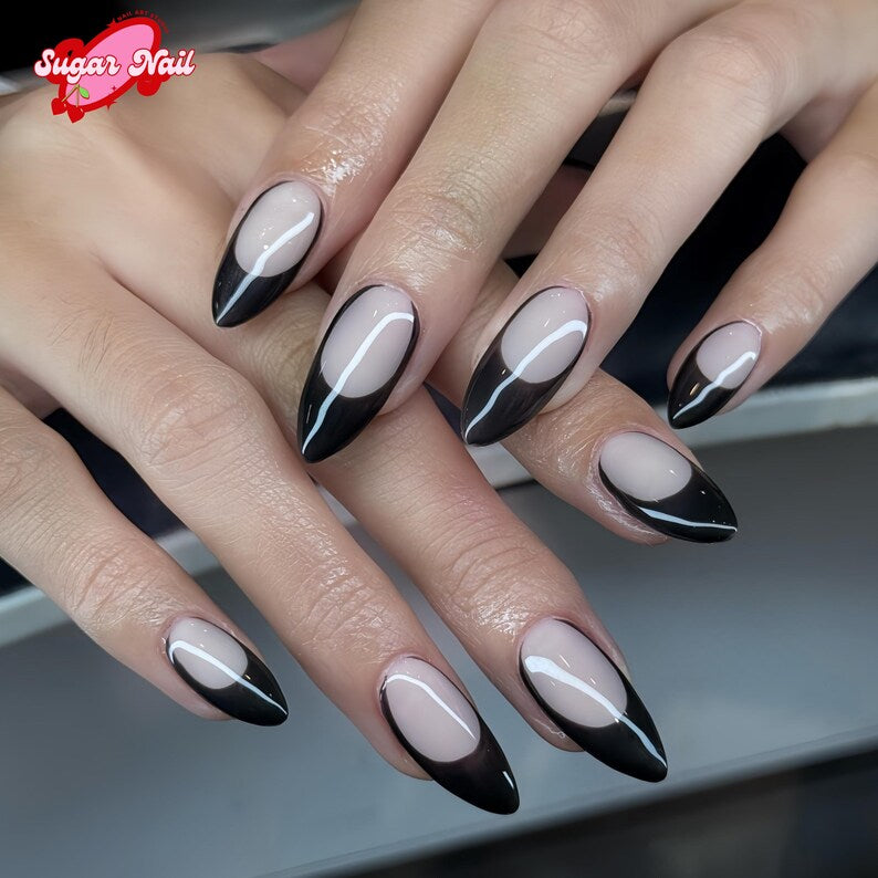 Black French Tip Press On Nails | Short Oval Reusable False Nails | Classy Minimal Handmade Acrylic Nail Set, Essential Nails, Daily Nails
