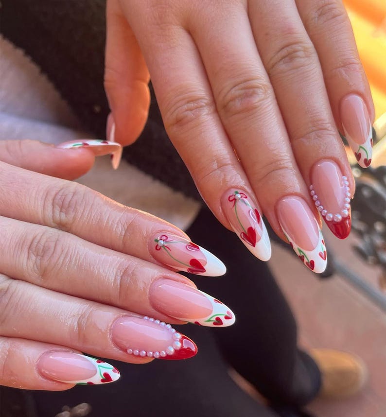 Valentine French Tip Heart Press-On Nails | Romantic Heart Design Nails with Pearl Accents | Red & White Heart Nails | Love-Inspired