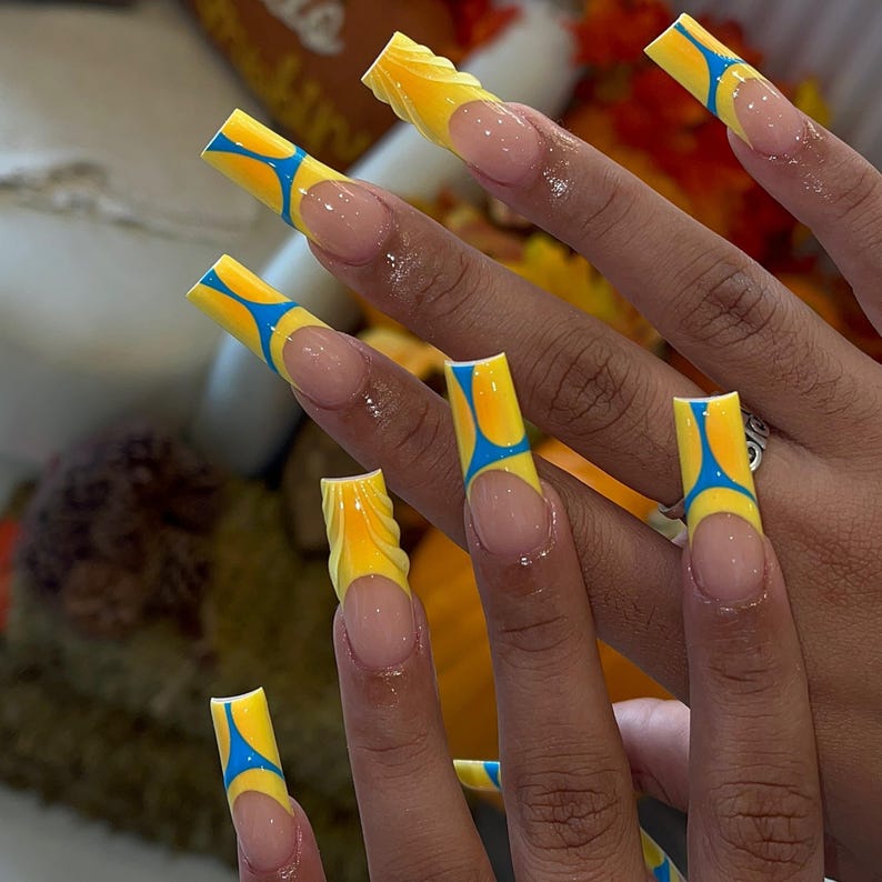 Yellow Blue Ombre Flame Press On Nails | Colorful Ombre French Tip Nail Set | Fiery Nail Design | Bold & Fiery Coffin Nail | Handmade Nails
