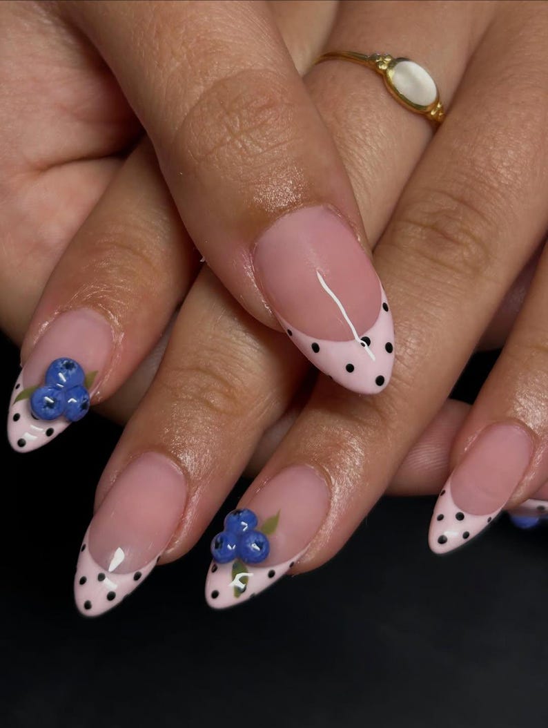 Cute Blueberry Press On Nails, Pastel Pink Almond Nails with Polka Dot French Tips and 3D Blueberry Nail Art, Cute nails