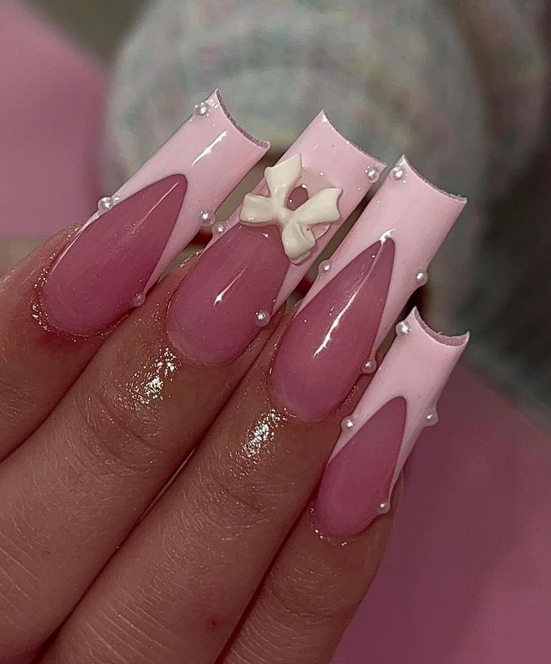 Pink Polka Dot Press On Nails | Long Square Kawaii Bow Pearl Nails | Pink French Tip Cute Spring Set | Valentines Press On Nails