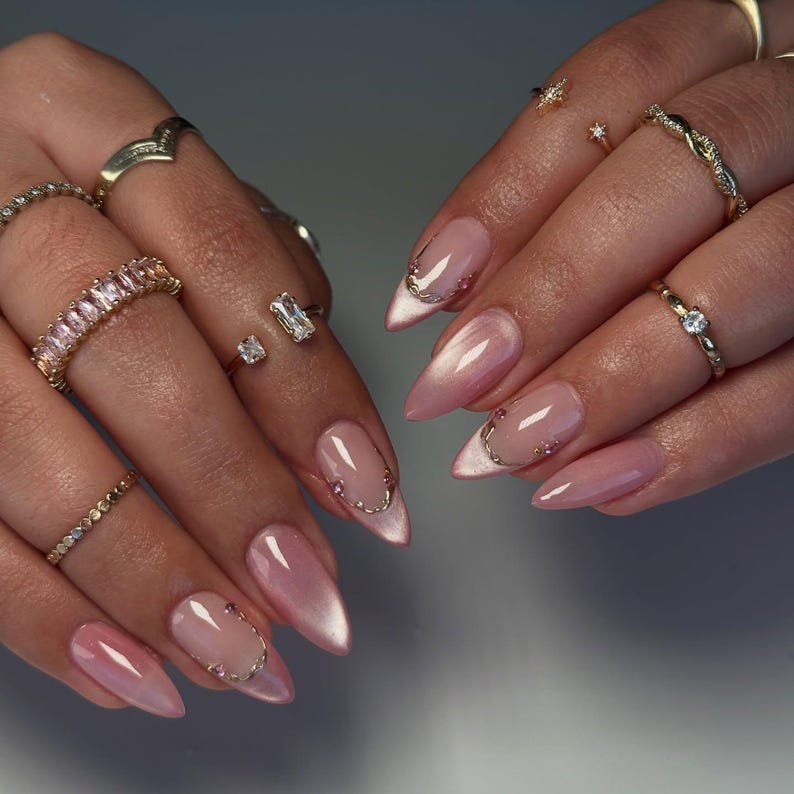 Galaxy Pink Blush Glittery French Cat eye Nails | Reusable Press on Nails | Fairy Almond nails | Minimalist Style Nails | French Tip Nails