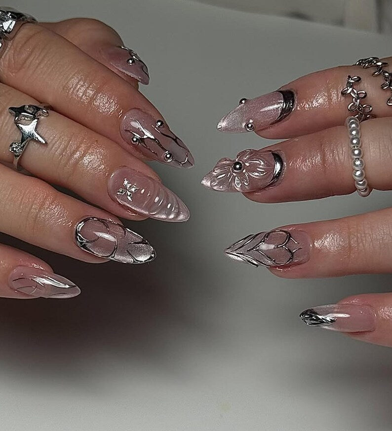 Gothic Silver Bloom Press On Nails | Metallic Floral Nail Art | 3D Chrome Accents | Elegant Gothic Statement Nails