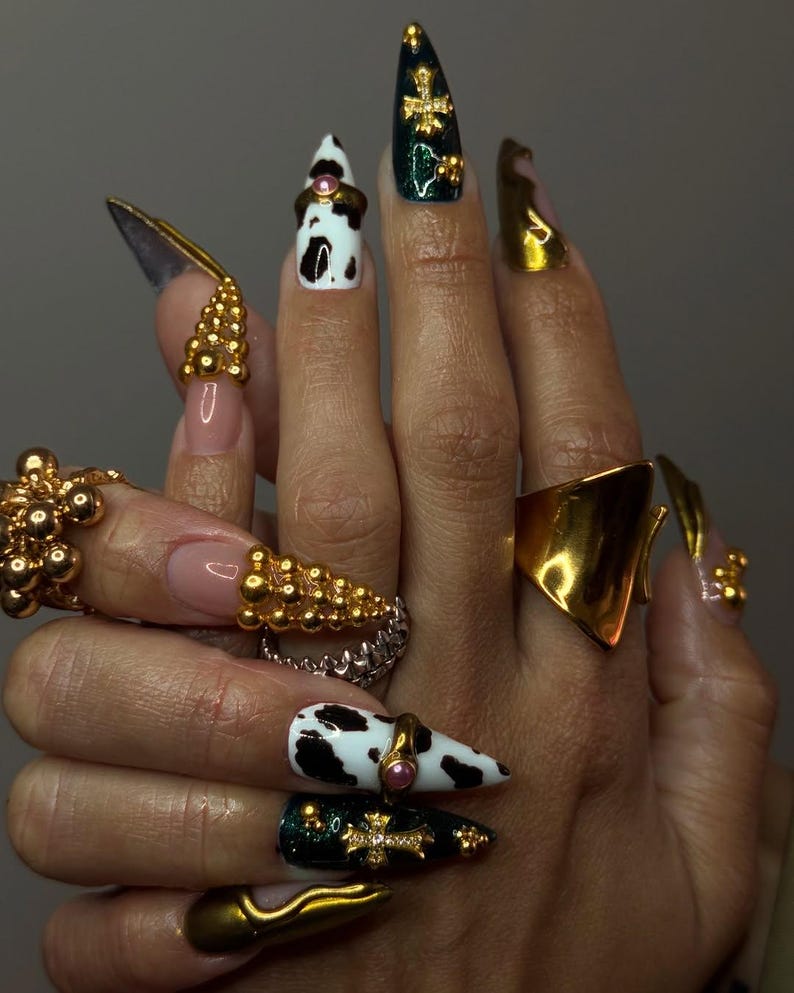 Cow Print Gothic Press On Nails By SugarNailArt | Black Gold Gothic Fake Nails | Luxury Gothic Nail Art | Edgy Bold Press Ons