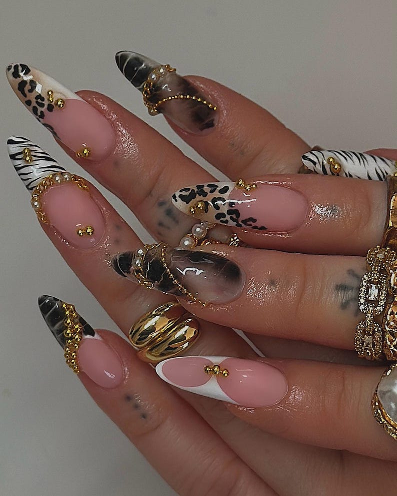 Safari Wild Animal Print Nails | Leopard Zebra Press On Nails | Handmade Fake Nails | Custom Press On Nails | Acrylic Nails | New Year Nails