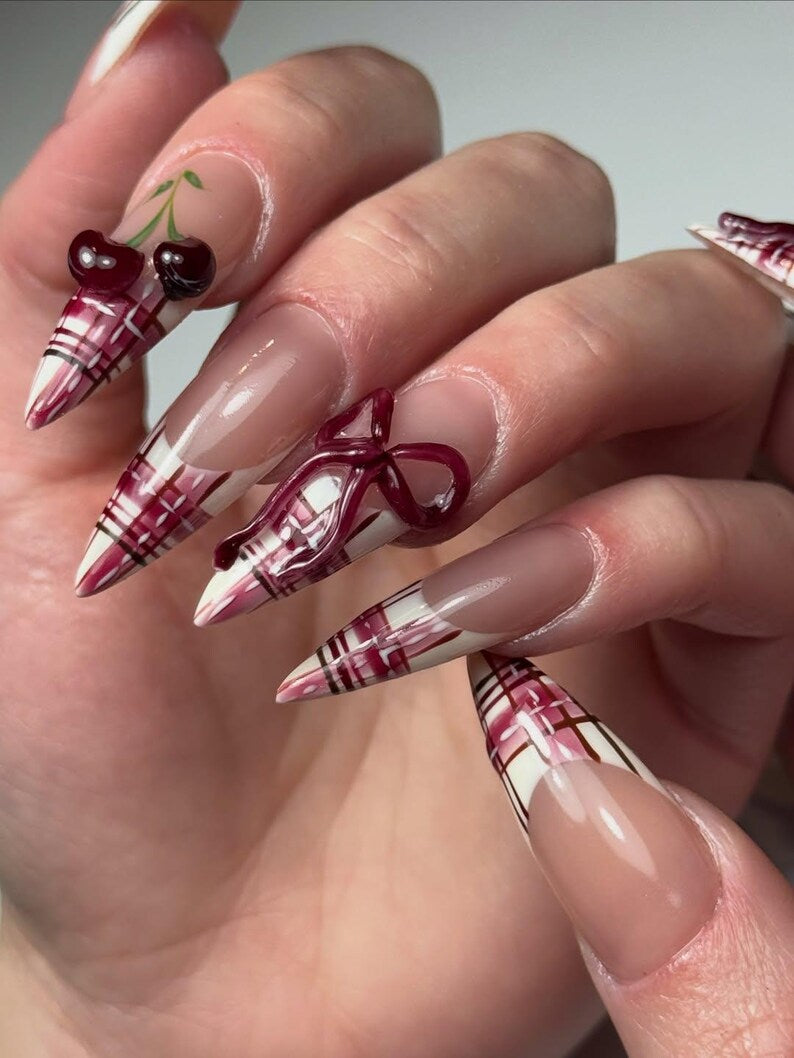 Cherry Tartan Couture Press On Nails for Valentine Days | Long Stiletto Nude Fake Nails | Burgundy Plaid & 3D Cherry Bow Nail Art