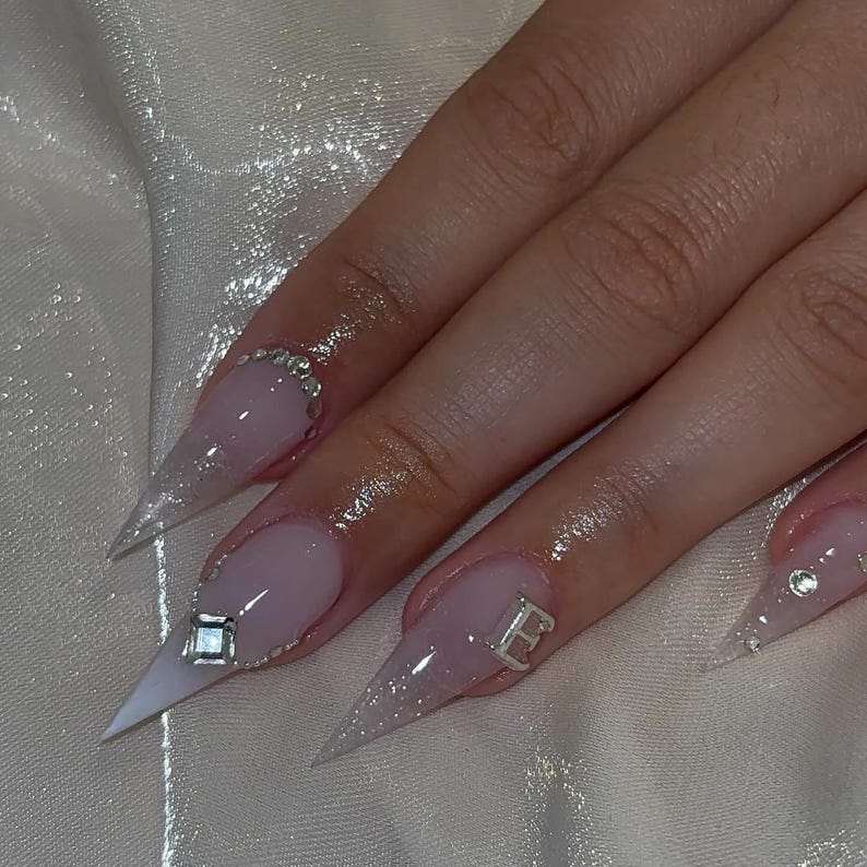 Luxe Bling Press On Nails | Milky French Tip Nails | Rhinestone Luxury Nail Art | Handmade Medium Stiletto Nails | Wedding Glam Fake Nails