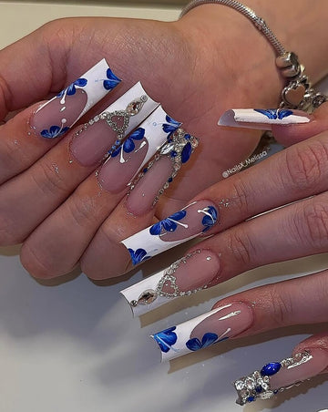 Glams Blue Press On Nails Long Square Nails | Blue Flower nails | Floral Nails | Elegant French Tip Nails | Daily Nails | Spring Nails