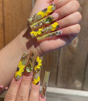 Sunflower Press On Nails: 3D Floral Nail Art | Luxury Gold Press On Nails | XL Square Sparkly Nails | Glam Sunflower Rhinestone Nail Art