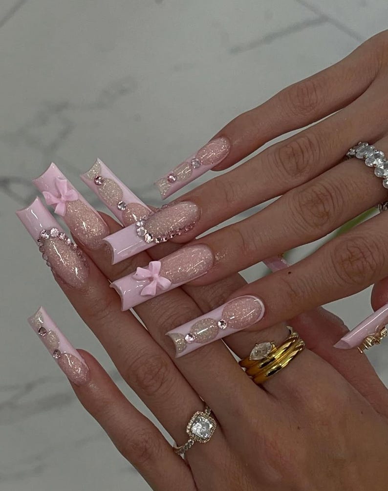 Princess Crystal Bow Press On Nails: Light Pink Cat Eye, Glitter French Tip | Valentines Pink Bow Press On Nails | Pink French Nail Art