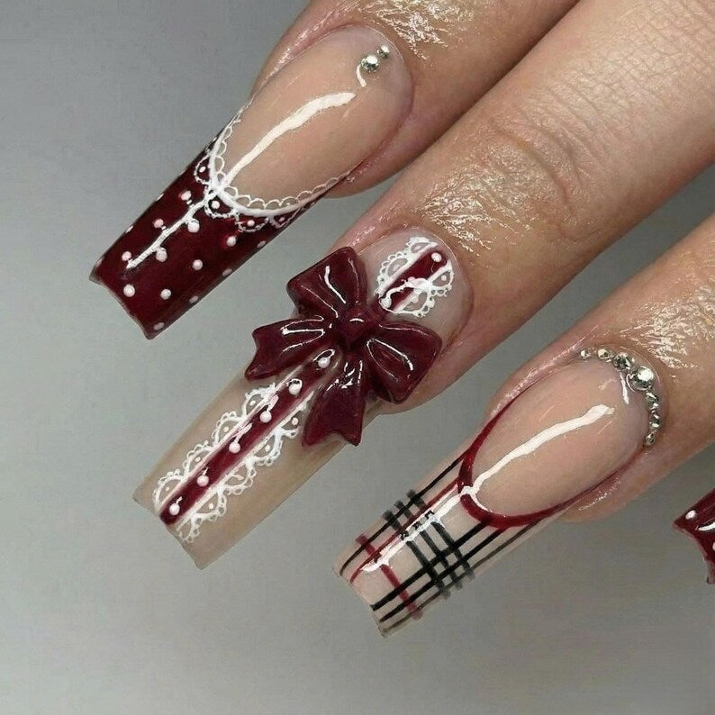 Luxury Burgundy French Tip Nails with 3D Bow, Plaid Holiday Press On Nails, Winter Lace Design, Long Square Reusable Nails