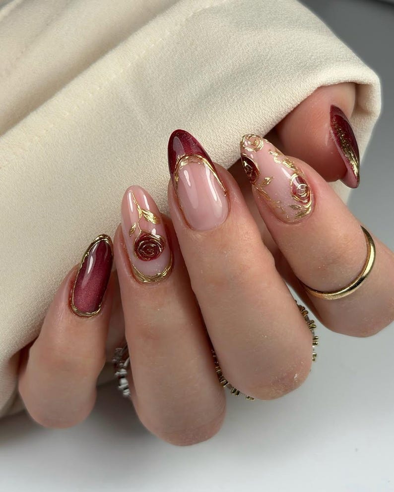 Burgundy Gold Rose Press On Nails for Valentine Days | French Tip Floral Nails for Date Nights | Luxury Rose Nail for Girl Friend