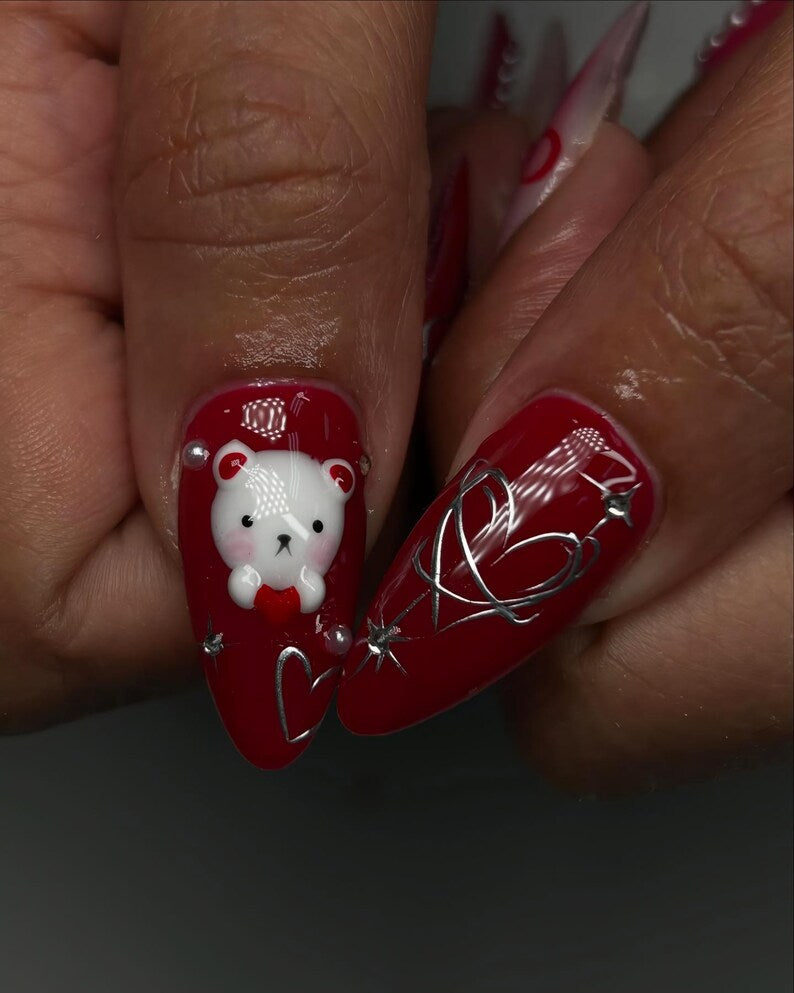 Sweet Love Press On Nails, Romantic Red & Pink Nails with Heart Bow and Bear Design, Valentine Nails, Handmade Love Nail Set, Cute Nails