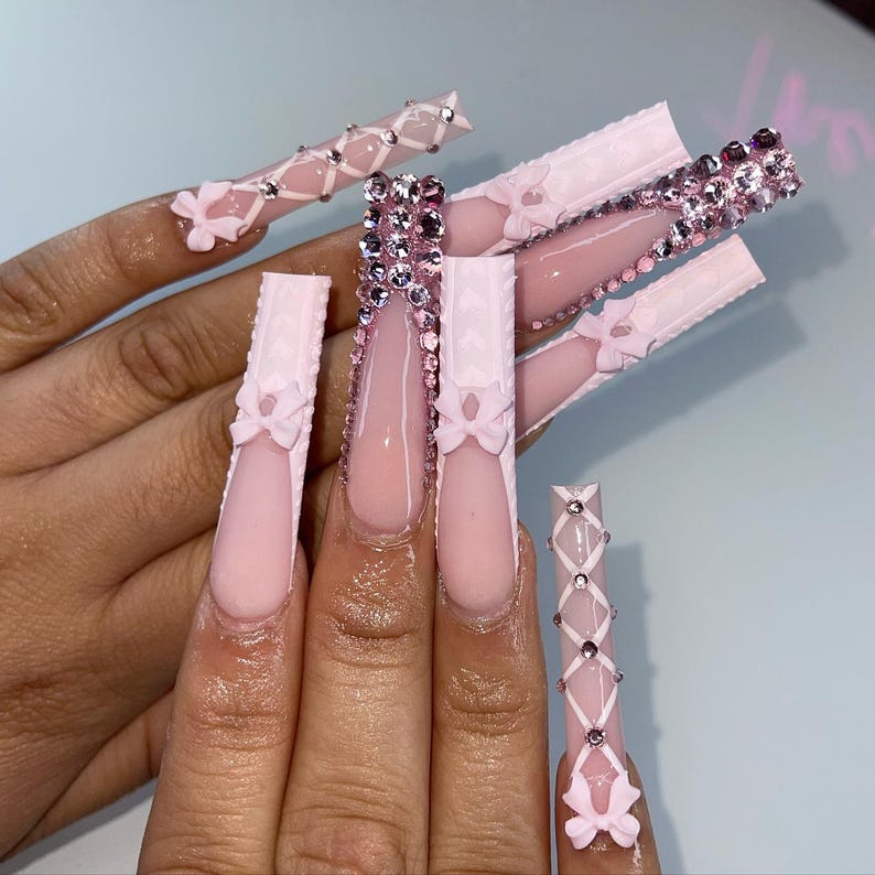 Pink XL Square Press On Nails | Rhinestone Bow Nails | Knitted Texture Nail Art | Feminine Statement Press Ons