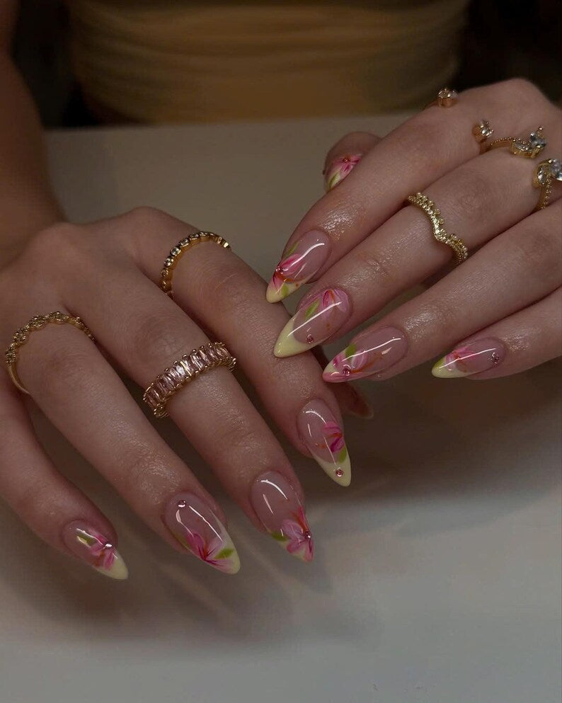 Summer Floral Press On Nails, Yellow French Tips Fake Nails, Handpainted Summer Nails with Pink Blossom, Beach Vacation Nails, Party