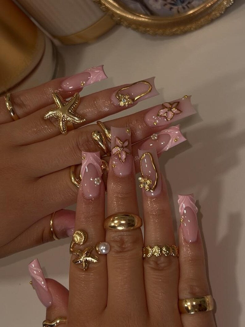 Luxury Pink French Tip Press On Nails | Gold Accent Floral Nail Art | Classy Long Fake Nails | 3D Flower, Pearl & Gem Press Ons