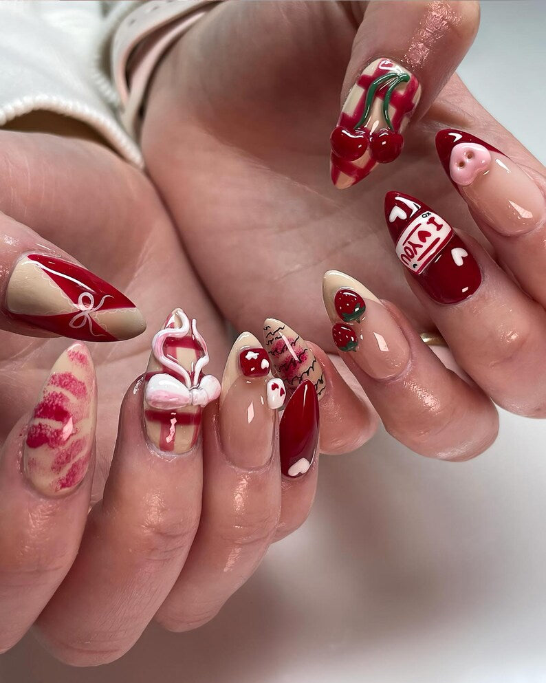 Cute Romantic Press On Nails, Valentine Nails with 3D Bows and Cherries, I Love You Nail Set, Red Nude Heart Nails, Kawaii Nails