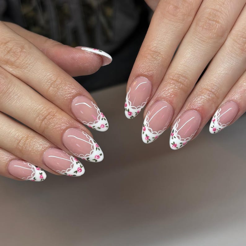 Floral Lace French Press On Nails, Soft Pink Romantic Nails with Hand Painted Rose Tips, Elegant Coquette Nail Set, Pink French Tips Nails