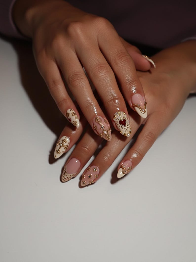 Golden Heart Baroque Press On Nails | Valentine Nails | Ivory Blush French Tips | Cross & Heart Nails | Vintage Religious Nail Art