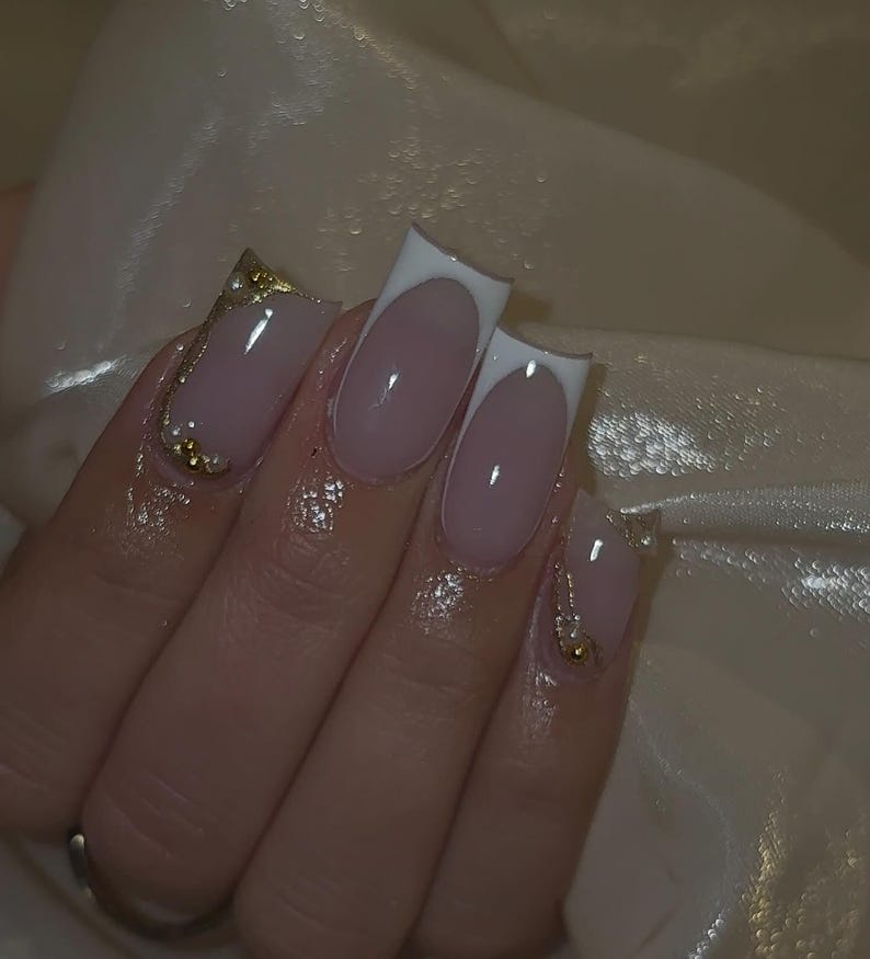 Everyday French Tip Press On Nails | Neutral Pink Base with White Tips | Gold And Pearls Accent Nail Art | Handmade Glue On Fake Nails