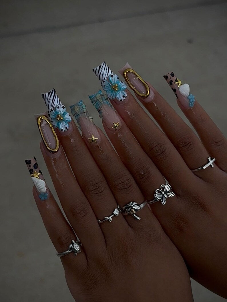 Luxury Animal Print Press On Nails | Long Coffin 3D Floral Nails | Zebra Leopard Gold Edge | Star Charm Press Ons