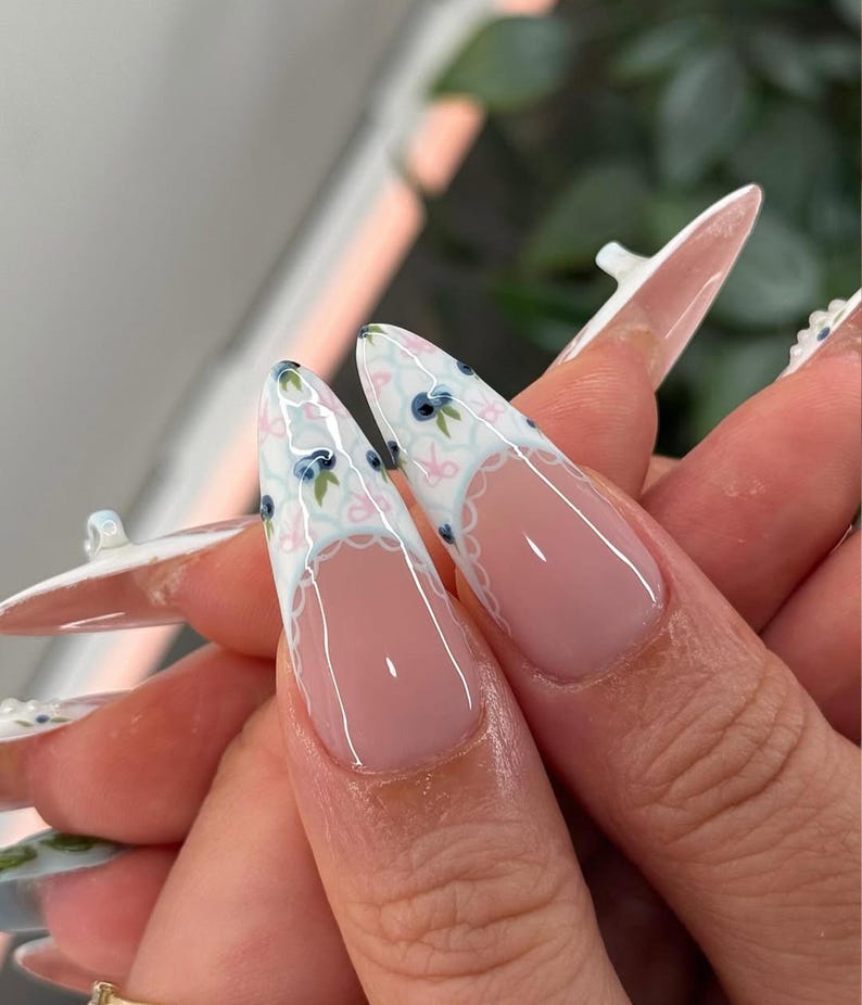 Lace and Blueberry Press On Nails | 3D Floral Cottagecore Nail Art | Vintage Lace French Tips | Pearl Accent | Pastel Garden Nails