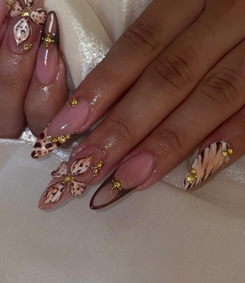 Brown Leopard Print Press On Nails | Long Almond French Nails | Zebra & Crocodile Pattern Nail Art | 3D Floral Elegant Nails