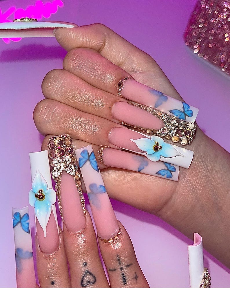 Blue Butterfly Press On Nails | XL Square French Tip Nails | White Blue 3D Orchid Rhinestone Nail Art | Elegant Luxury Press Ons