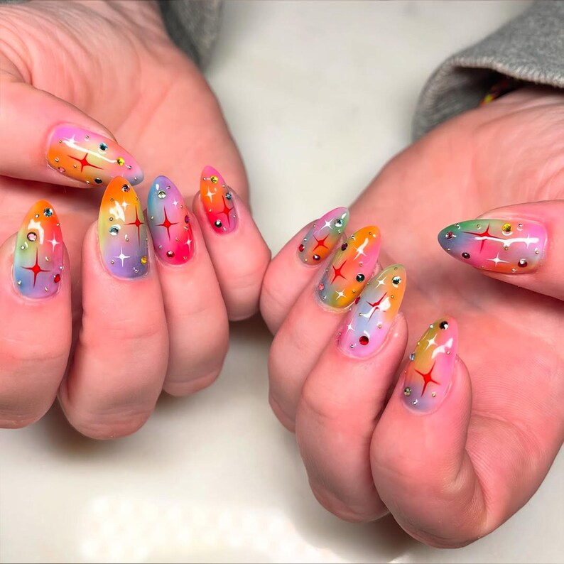 Rainbow Sparkle Press On Nails | Colorful Gradient Star Nails | Fun Festival Press Ons | Rhinestone Party Nails | Vibrant Nails