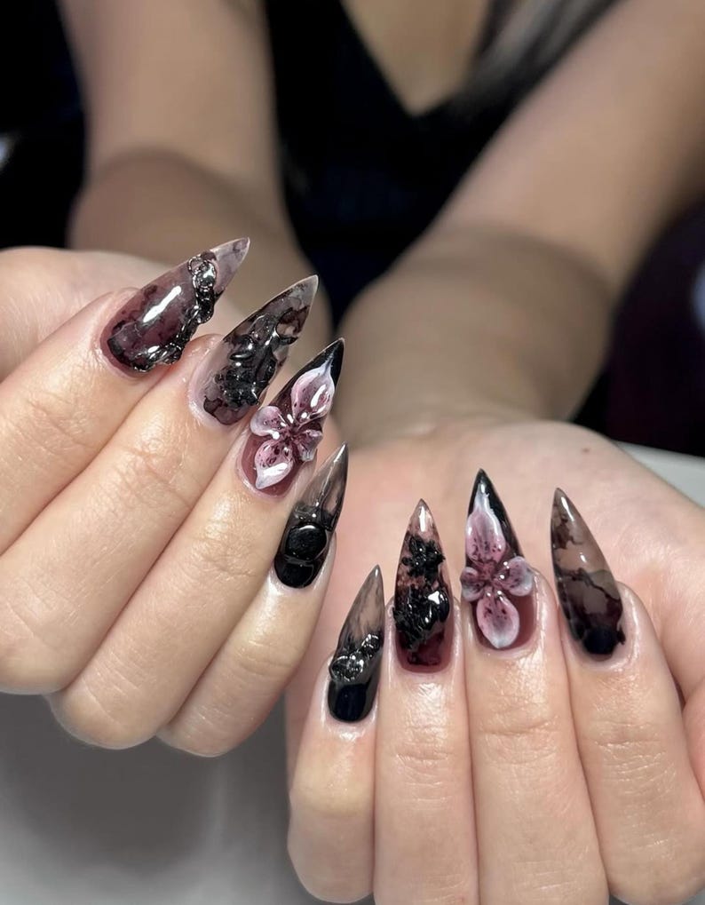 Gothic Dark Flower Press On Nails | 3D Pink Floral & Dark Marble Design | Black Clear Stiletto Nails | Handmade Grunge Flower Nails