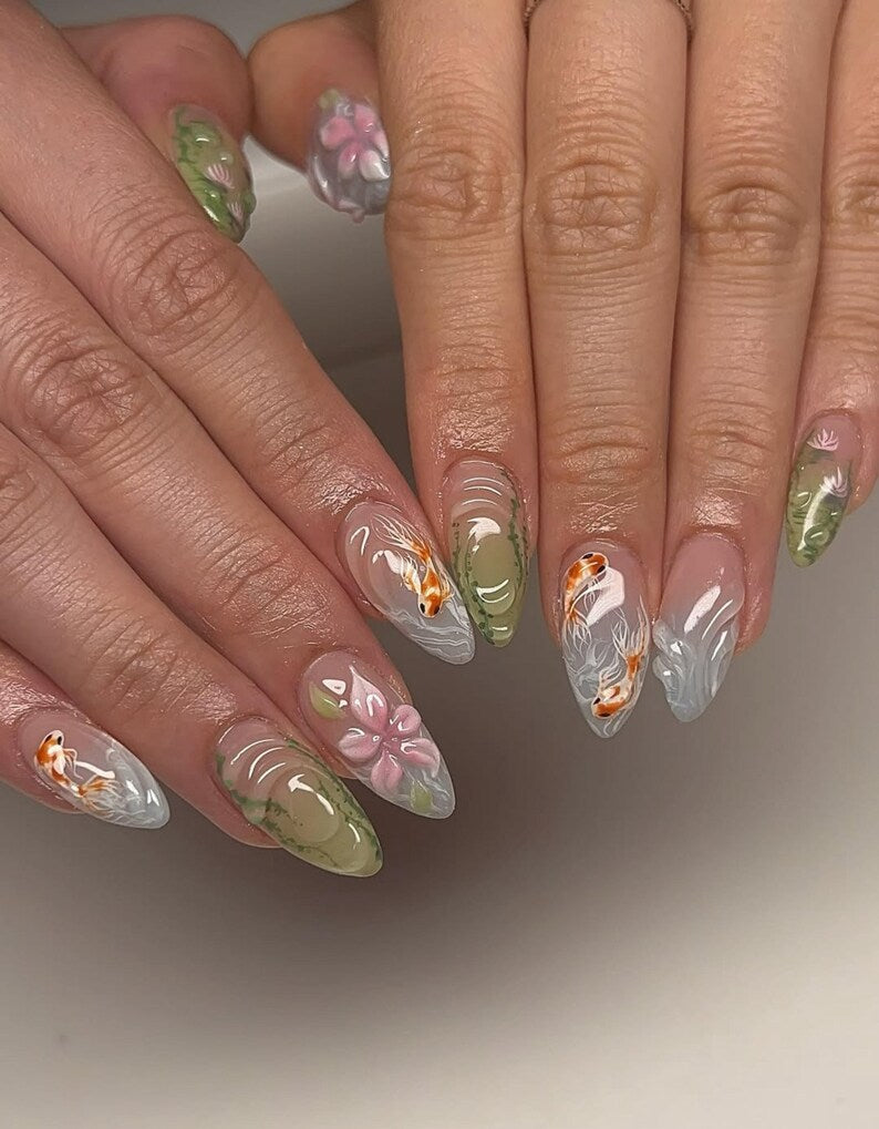 Green Koi Pond Press On Nails | 3D Floral & Fish Nail Art | Green Nature Inspired Nails | Handmade Press Ons | Artistic Garden Nails