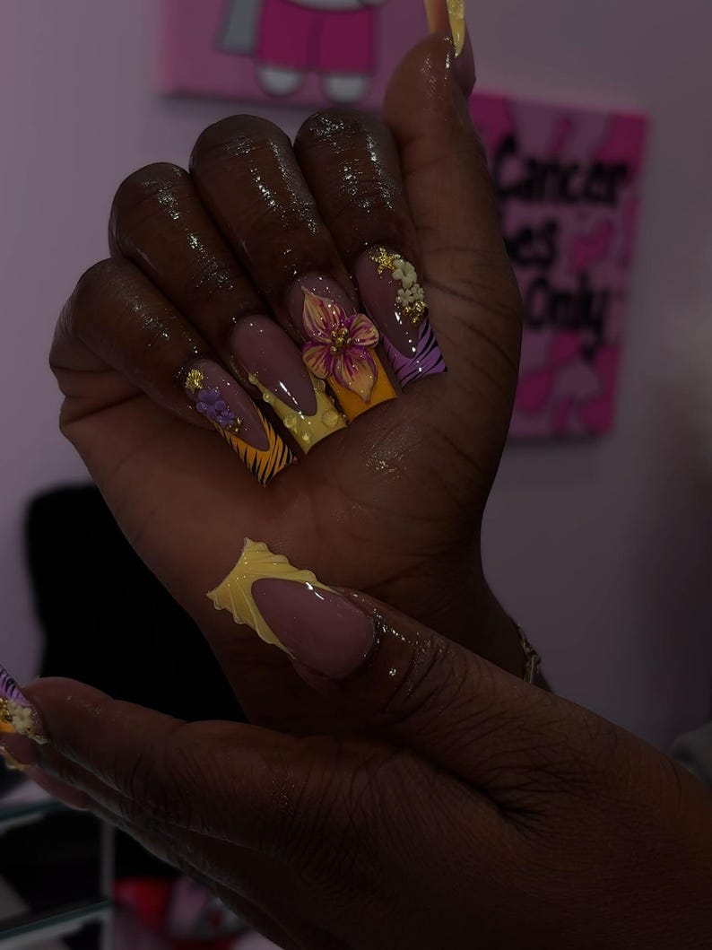 Orchid Zebra Press On Nails | Medium Square French Tip Nails | Yellow Purple Floral Nail Art | Elegant Statement Press Ons | Girls Night Out