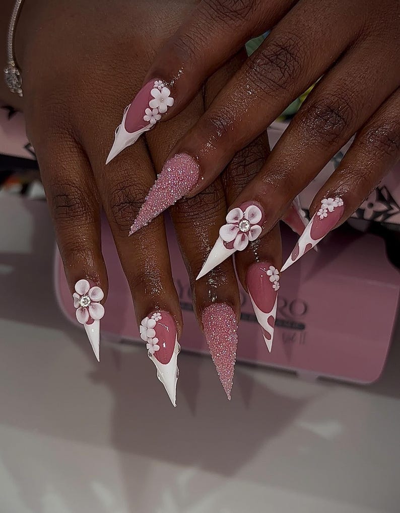 Elegant Orchid Press On Nails | White French Tip Stiletto Nails | 3D Floral Accent | Pink White Handmade Press Ons