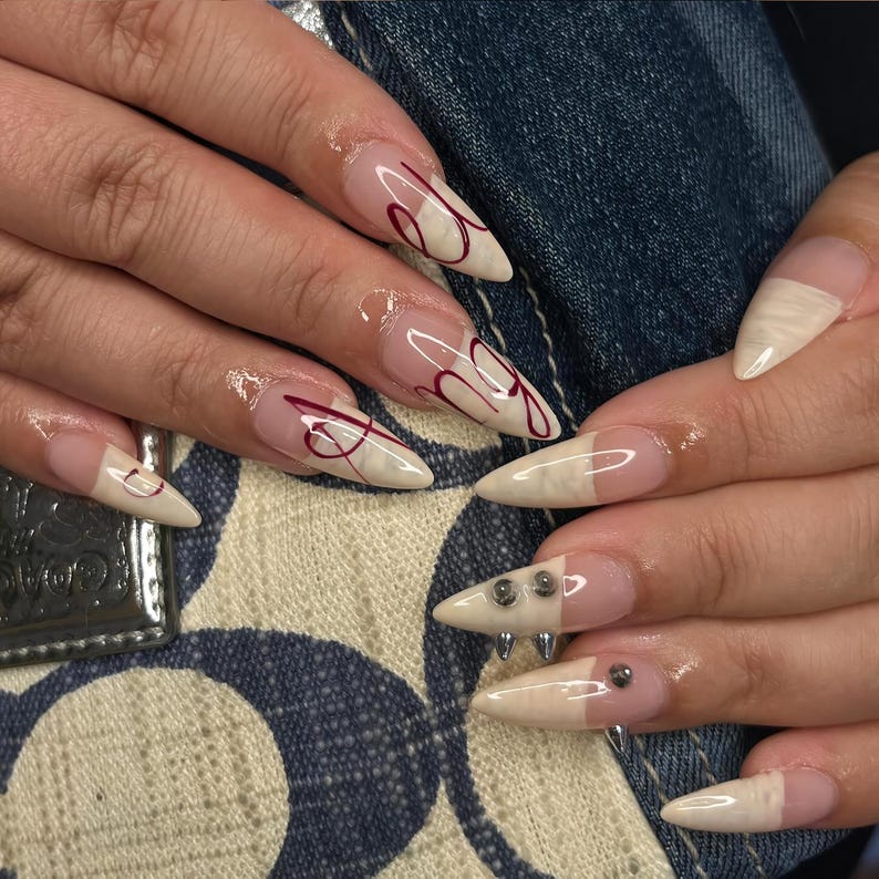 Romantic Angel Nails Press On – Luxury Valentine Stiletto Nails with Love Script, French tip nails, Wedding nails