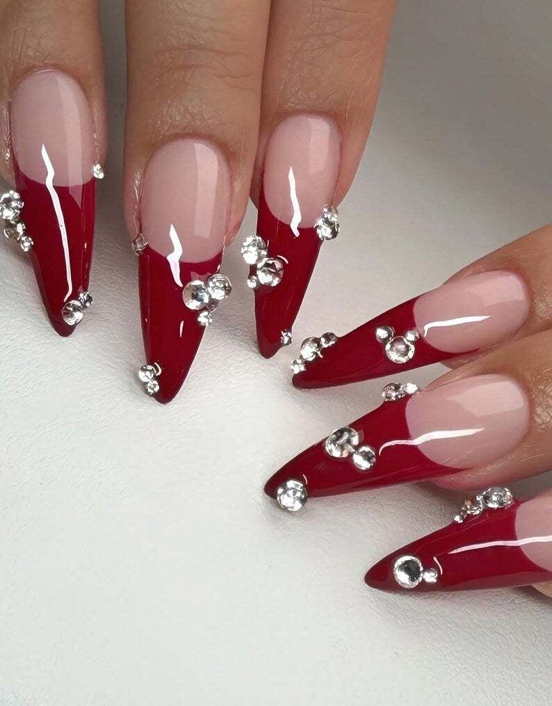 Luxury Red French Tip Press On Nails with Crystals, Nude Pink Nails, Luxury Valentine Nail Set, Elegant Valentine Gift, Handmade Glam Nails