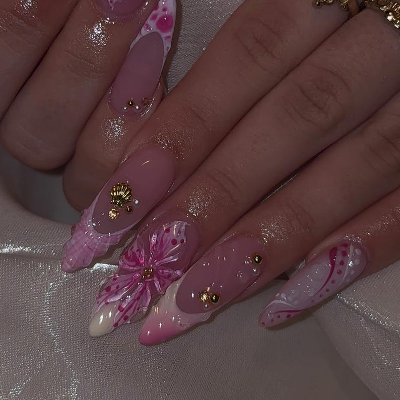 Tropical Flower Press On Nails | Airbrush Pink Floral Nail Art | 3D Floral Mermaid Nails | Spring Summer Beach Party Press Ons | Luxury Nail