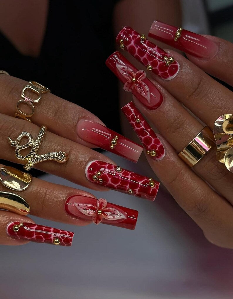 Red Floral Fall Press On Nails | 3D Flower & Gold Bead Nail Art | Glamorous Handmade Coffin Nails | Statement Red Luxury Press Ons