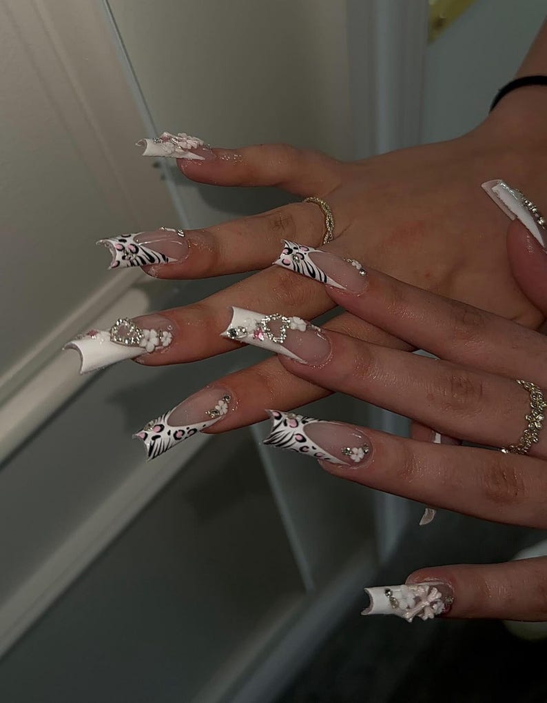 Safari French Press On Nails | Zebra & Leopard Print Mix | 3D Heart Rhinestones | Trendy Long Square Press Ons | Cute Girly Nail Art