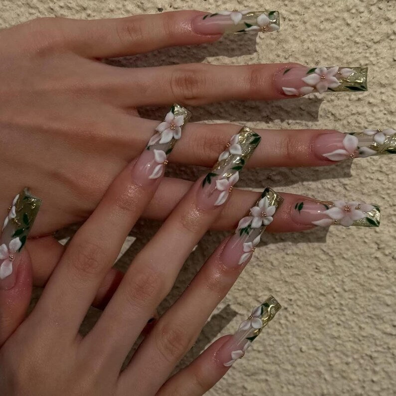 Enchanted Floral Press On Nails | Luxury 3D White Floral Nail Art | Green & Gold Coffin Nails | Elegant Wedding Nails