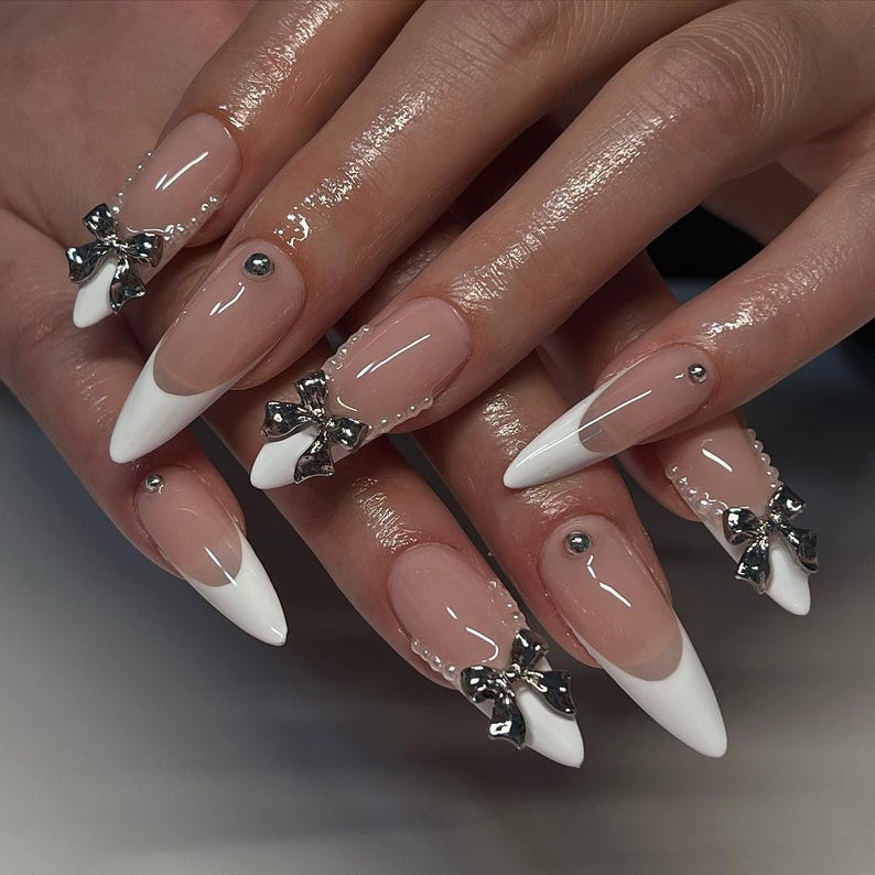 Elegant French Tip Press-On Nails with Silver Bow Accents , Wedding Nail, Reusable Nails, Sophisticated French Tip Nail Art, Press Ons