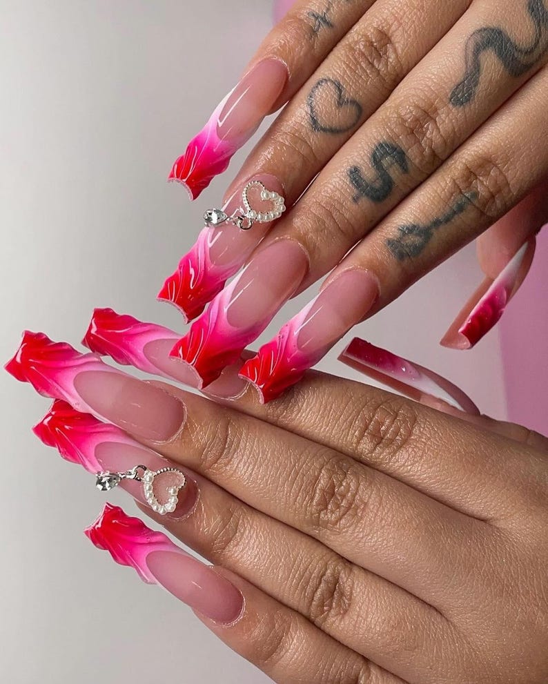 Pink Ombre Heart Charm Press On Nails, 3D Heart Nails, Valentine Nails, Glossy Pink French Tip Nail Set