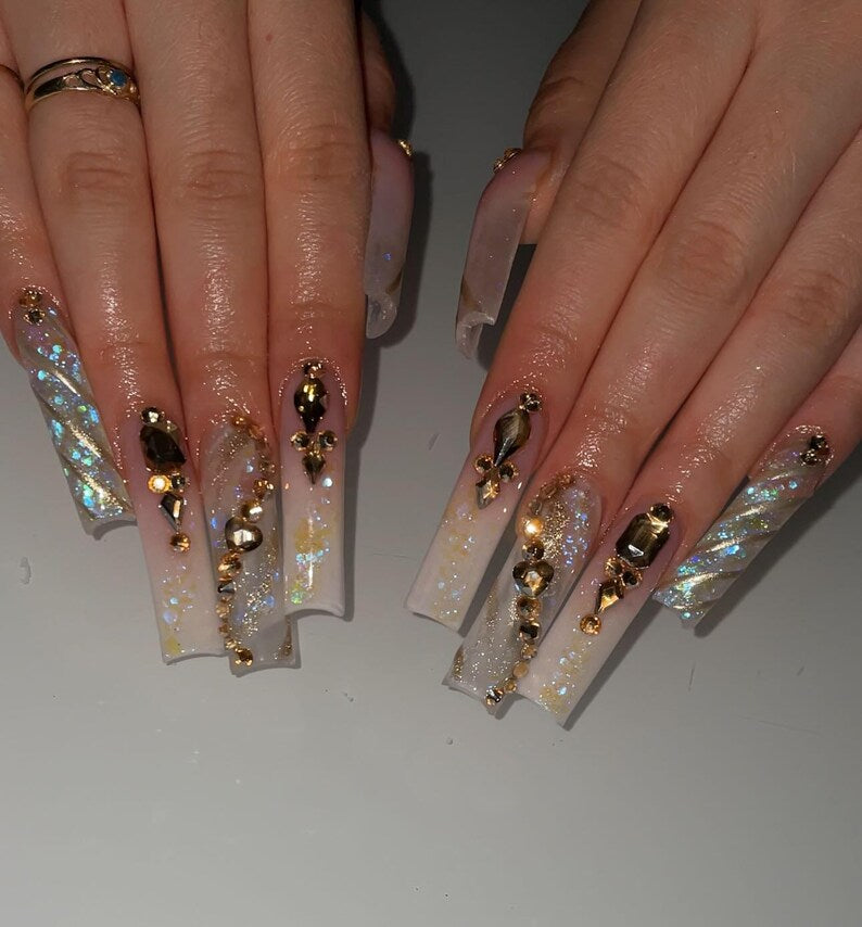 Handmade XL Gold Luxury 3D Flower Press On Nails | Maximalist Heart Crystal Rhinestone XL Square Fake Nails | Elegant Birthday And Event Art