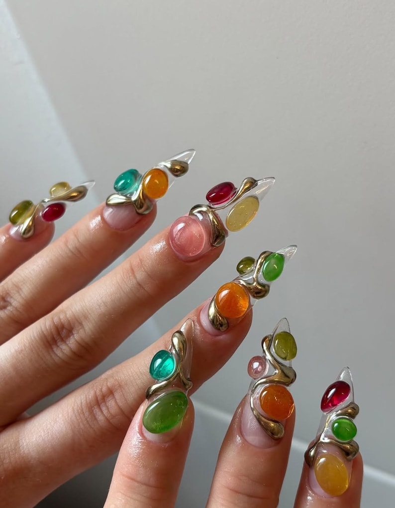 Gemstone Fantasy Press On Nails | Sculptural Jelly Chrome Nail Set | 3D Mineral Stone Nail Art | Futuristic Rainbow Nails