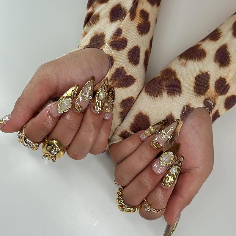 Luxury Gold Accents Press On Nail | Gilded Nail Art | Golden Glam Fake Nails | Stylish Nail Designs Acrylic Nails | Chic Nails