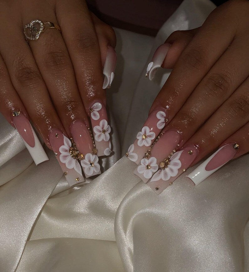 Elegant 3D White Flower French Tip Press On Nails | Nude Pink Long Square with Gold Rhinestones | 3D Floral Nails | Bridal Nail Art