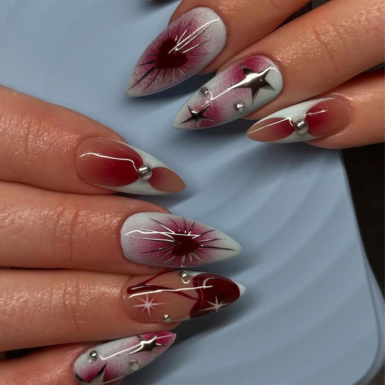 Airbrush Blue Gradient Press On Nails by SugarNailArt | Heartburst Chrome Nail Art | 3D Hearts & Stars Fake Nails | Y2K Inspired Nails