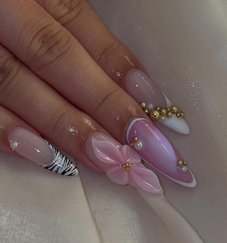 Zebra Glam Flower Press On Nails | Pink 3D Floral Rhinestone Nails | Long Stiletto Zebra Print Nail | Elegant Glam Safari Aesthetic Nail