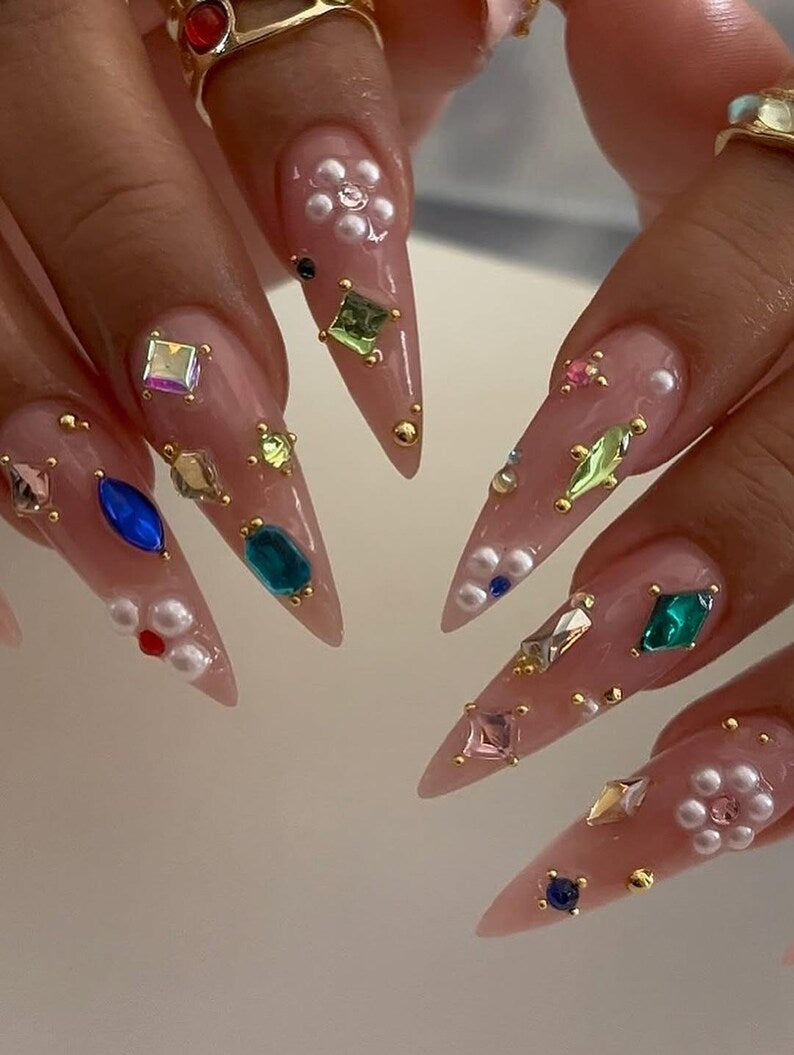 Luxury Press On Nails | Long Stiletto Crystal Nails | Rhinestone & Pearl Fake Nails | Glam Nail Art Set | Party Prom Nails | Reusable Nails